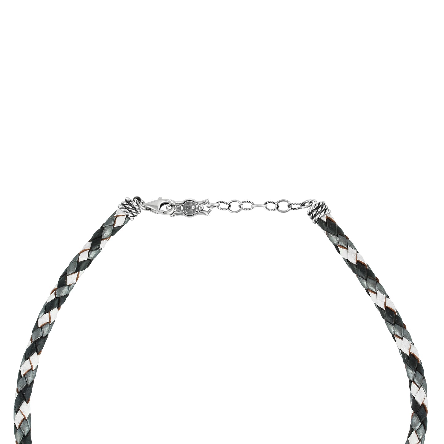 Sterling Silver Multi-Color Braided Black, White and Gray Leather Necklace, 17 and 20 Inches