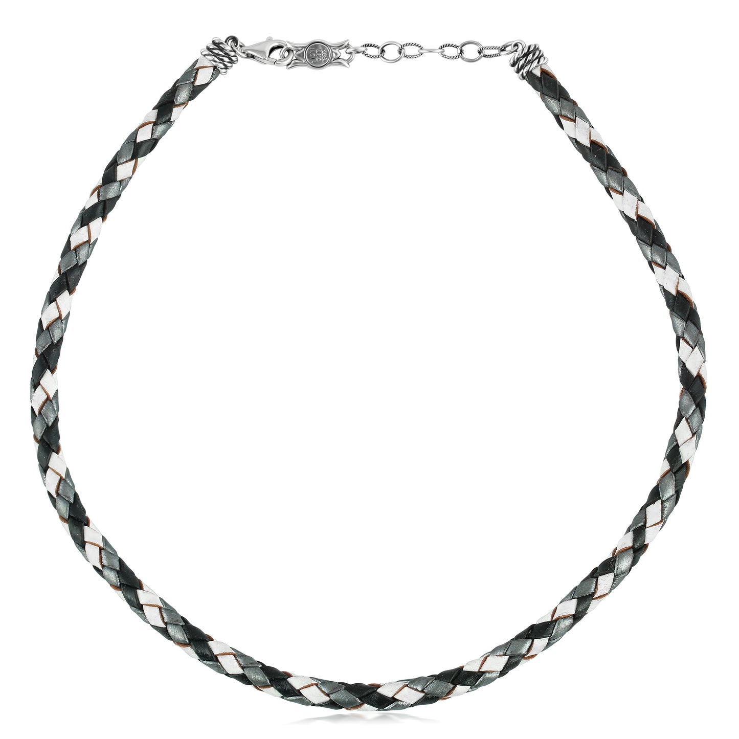 Sterling Silver Multi-Color Braided Black, White and Gray Leather Necklace, 17 and 20 Inches