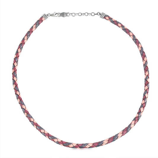 Sterling Silver Multi-Color Braided Pink, Maroon and Berry Leather Necklace, 17 and 20 Inches