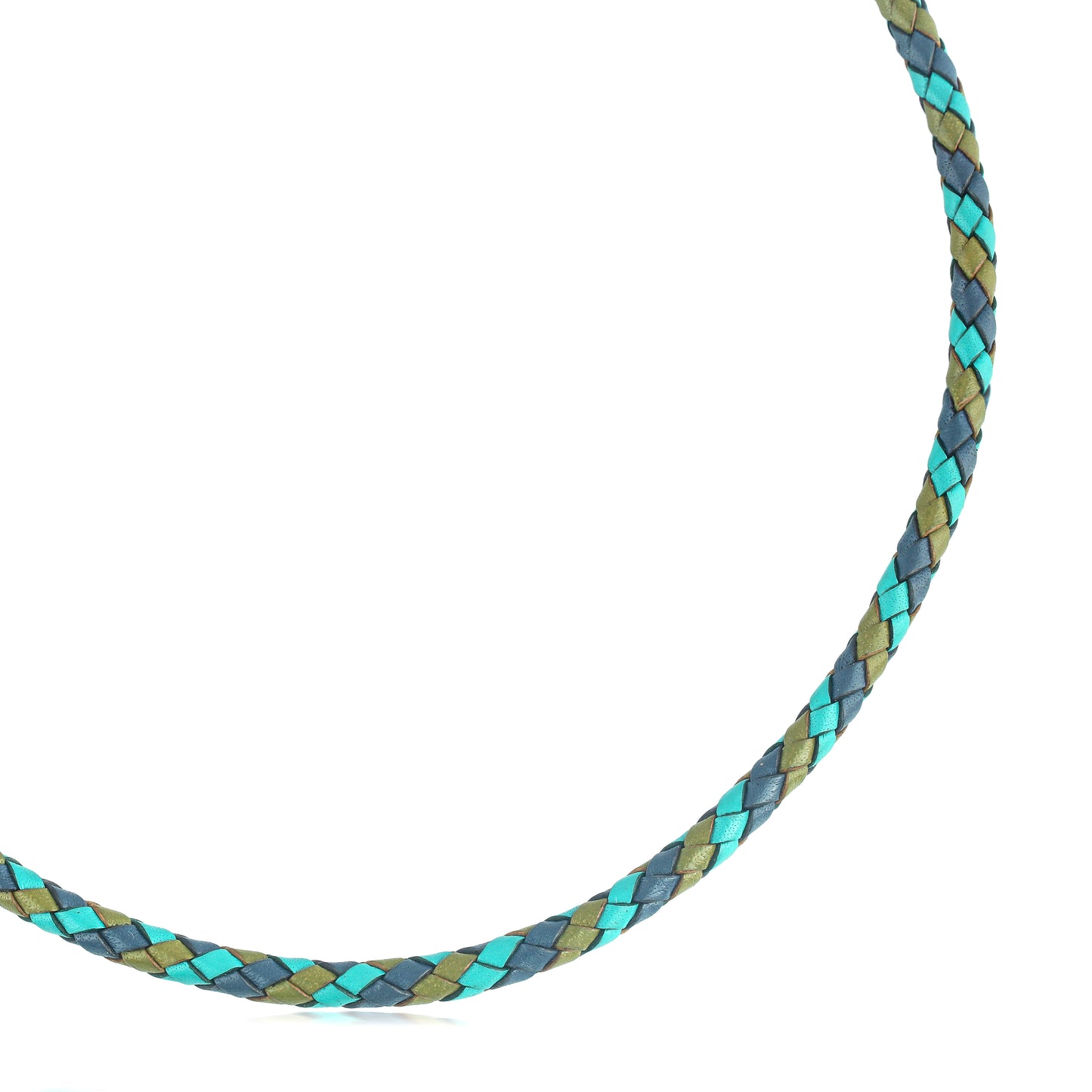 Sterling Silver Multi-Color Braided Blue, Turquoise and Lime Leather Necklace, 17 and 20 Inches