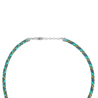 Sterling Silver Multi-Color Braided Blue, Turquoise and Lime Leather Necklace, 17 and 20 Inches