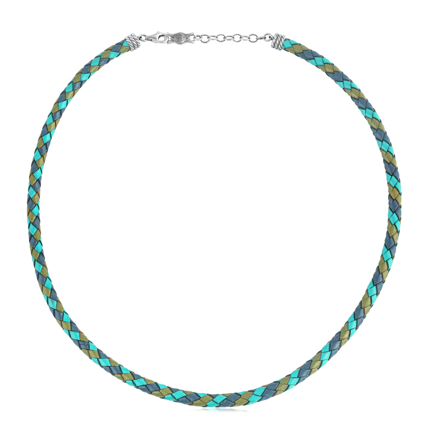 Sterling Silver Multi-Color Braided Blue, Turquoise and Lime Leather Necklace, 17 and 20 Inches