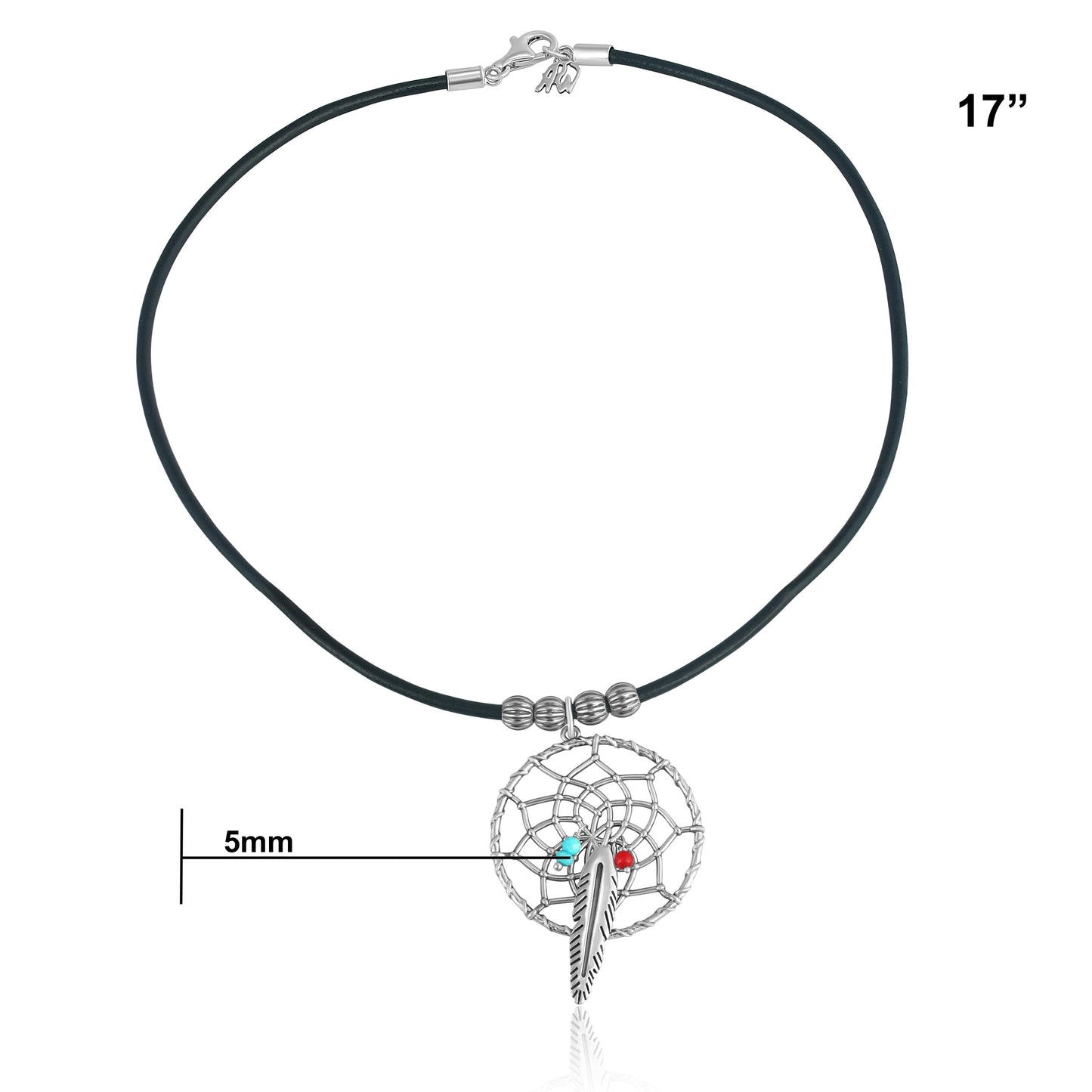 Sterling Silver Kingman Turquoise and Red Coral Brown Leather Dreamcatcher Necklace, 17 Inches