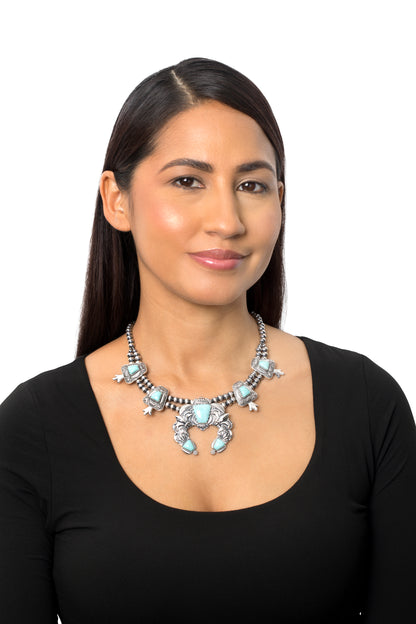 LIMITED EDITION! Sterling Silver Kingman Turquoise Trapezoid Squash Blossom Necklace, 17 to 20 Inches