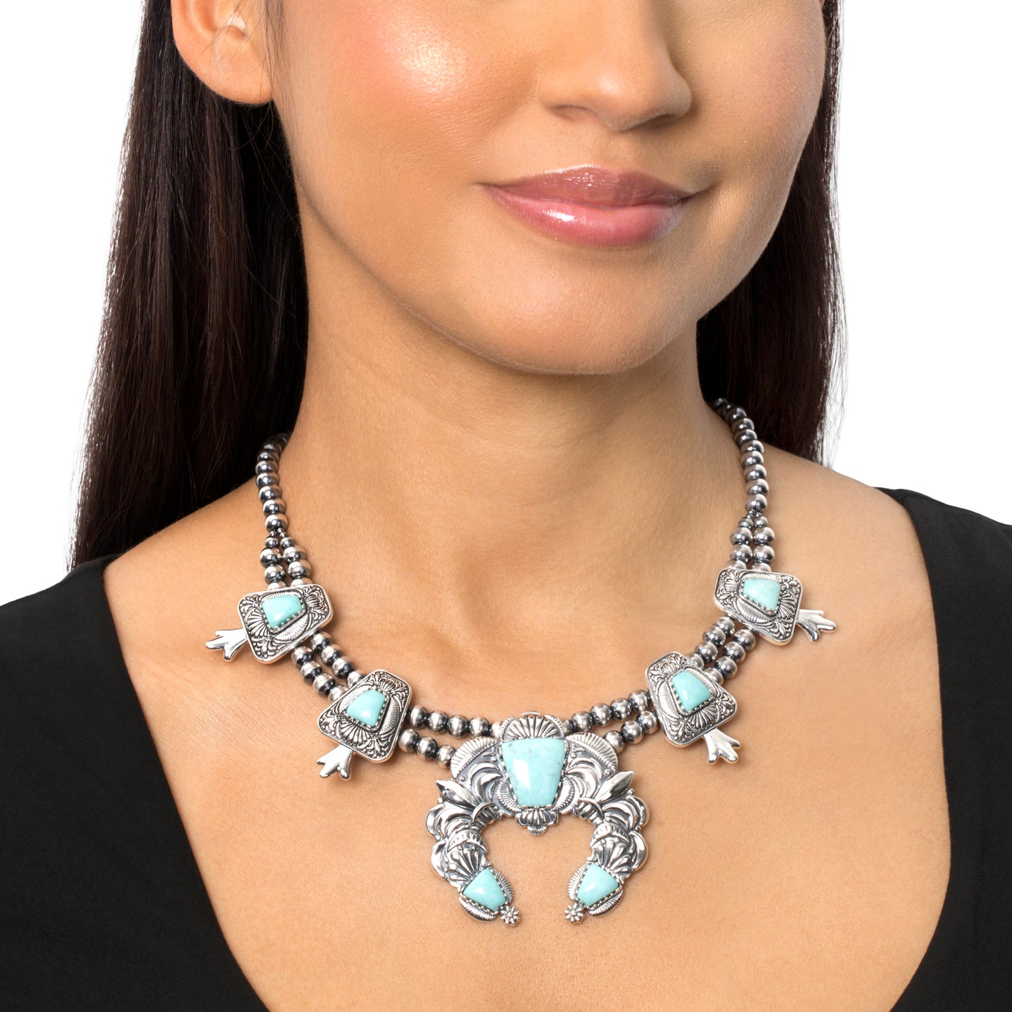 LIMITED EDITION! Sterling Silver Kingman Turquoise Trapezoid Squash Blossom Necklace, 17 to 20 Inches