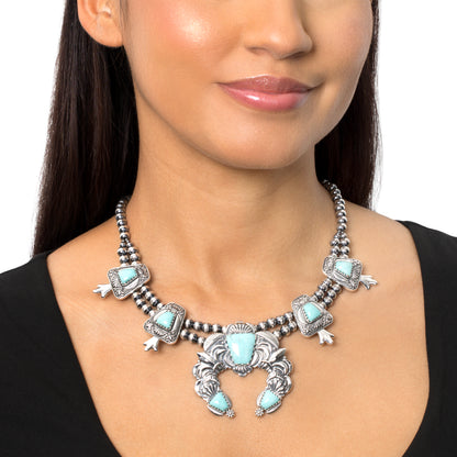 LIMITED EDITION! Sterling Silver Kingman Turquoise Trapezoid Squash Blossom Necklace, 17 to 20 Inches