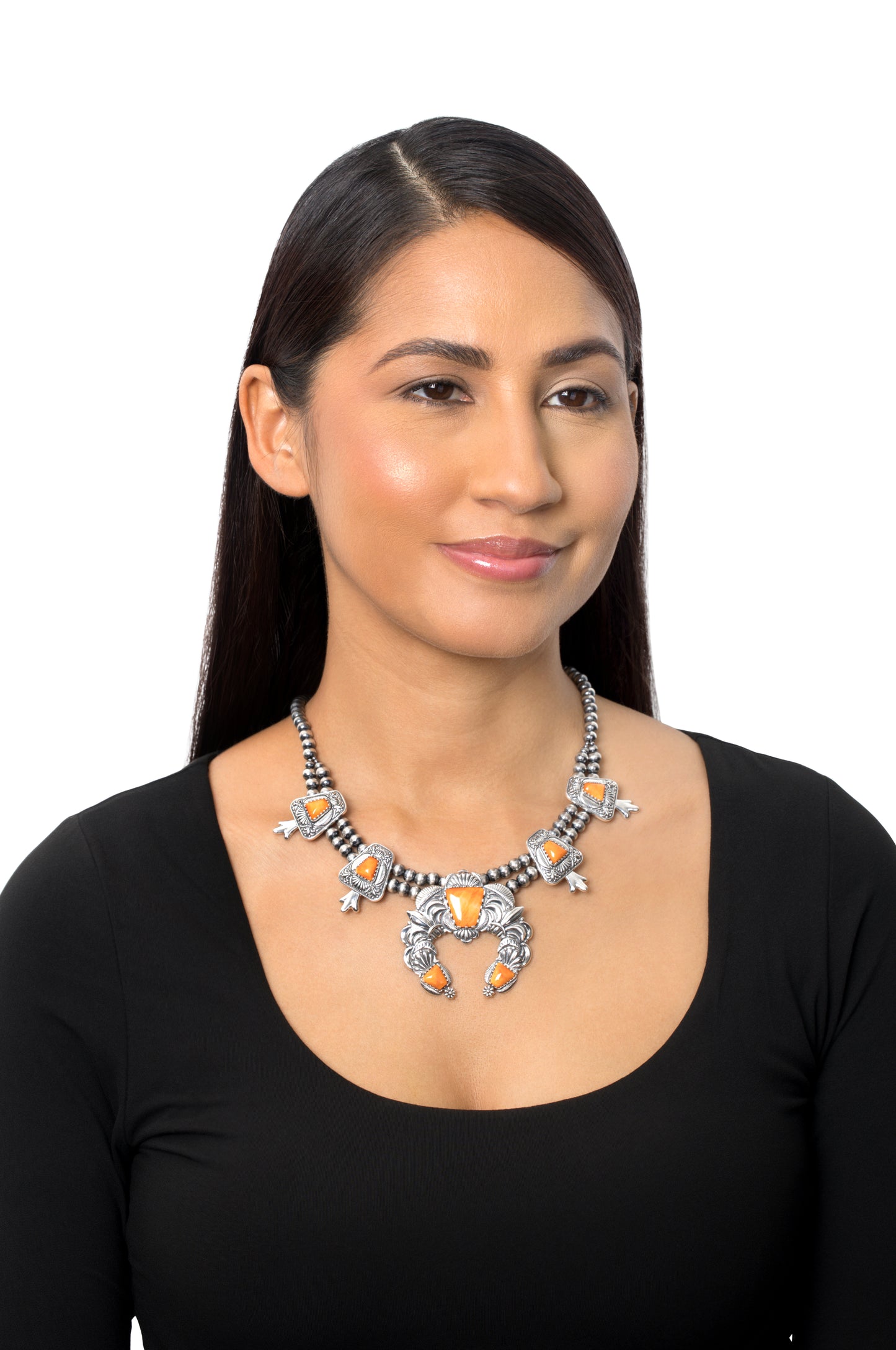 LIMITED EDITION! Sterling Silver Orange Spiny Oyster Trapezoid Squash Blossom Necklace, 17 to 20 Inches