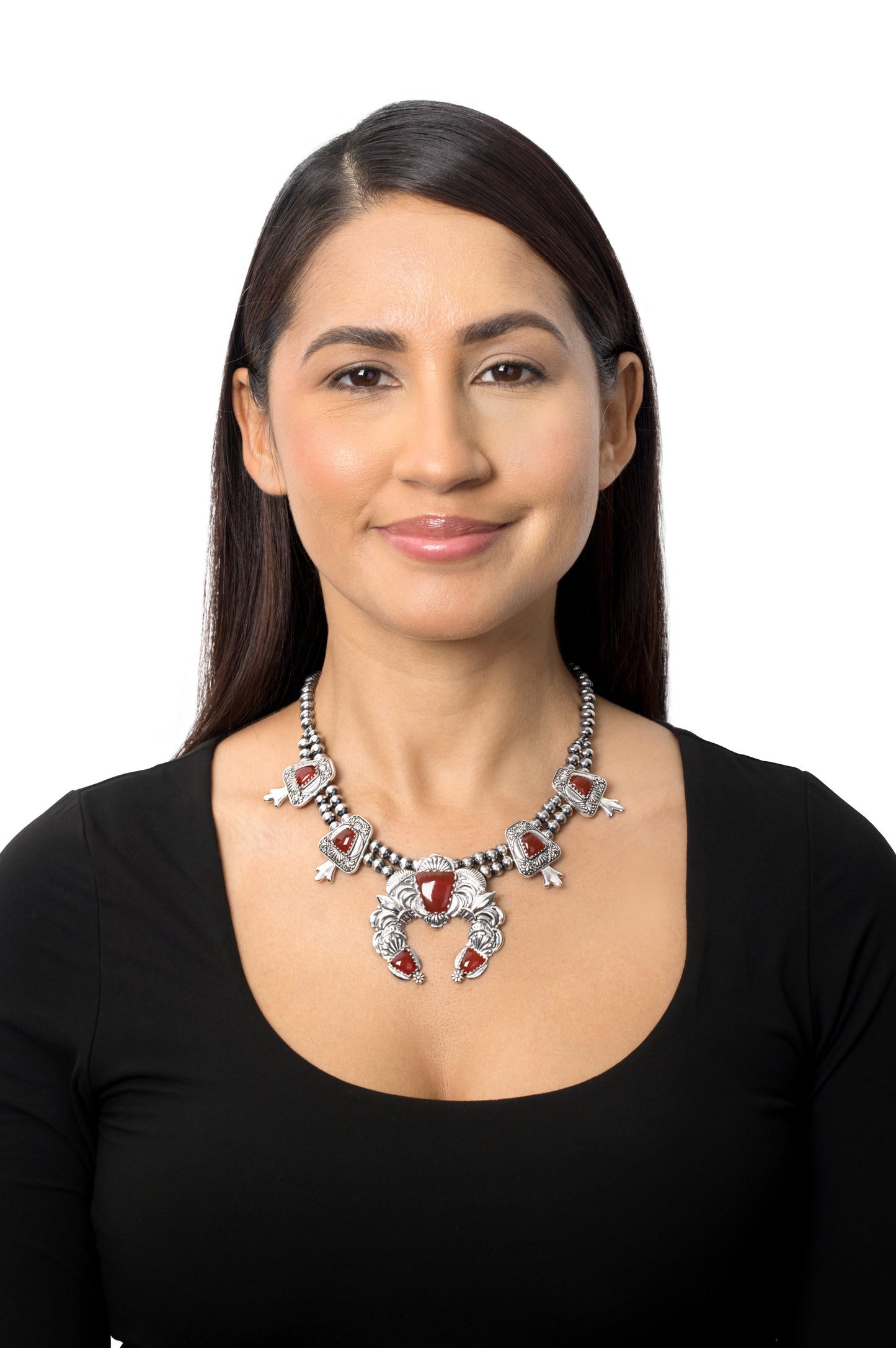 LIMITED EDITION! Sterling Silver Red Onyx Trapezoid Squash Blossom Necklace, 17 to 20 Inches