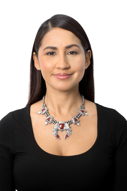 LIMITED EDITION! Sterling Silver Red Onyx Trapezoid Squash Blossom Necklace, 17 to 20 Inches