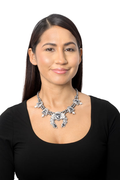 LIMITED EDITION! Sterling Silver Snowflake Obsidian Trapezoid Squash Blossom Necklace, 17 to 20 Inches