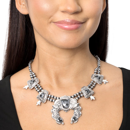 LIMITED EDITION! Sterling Silver Snowflake Obsidian Trapezoid Squash Blossom Necklace, 17 to 20 Inches