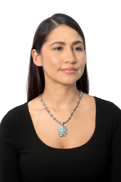 EXCLUSIVELY OURS! Sterling Silver Kingman Turquoise Rope Detail Cross Pendant Enhancer
