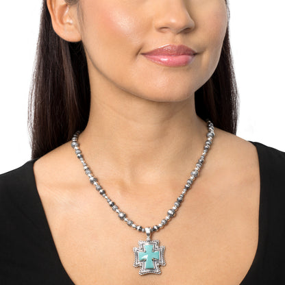 EXCLUSIVELY OURS! Sterling Silver Kingman Turquoise Rope Detail Cross Pendant Enhancer