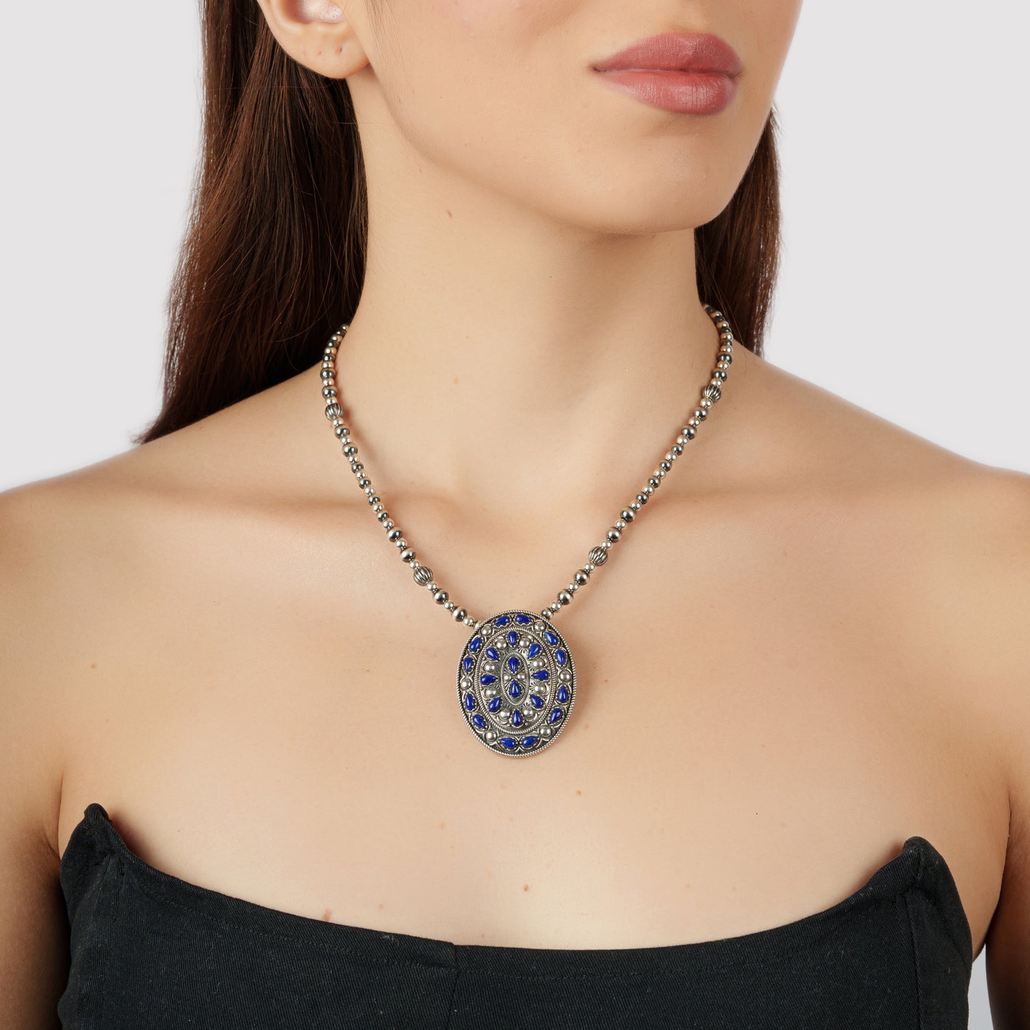 Sterling Silver Lapis Cluster Gemstone Oval Pendant Enhancer