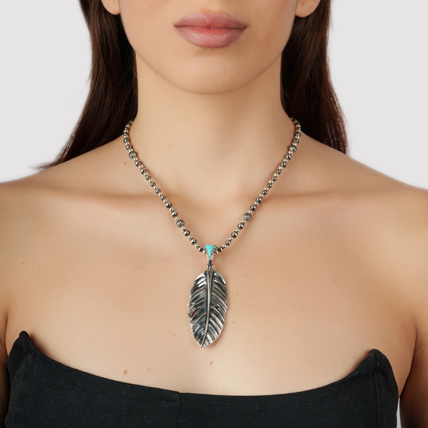 Sterling Silver Sleeping Beauty Turquoise Fritz Casuse Prayer Feather Pendant Enhancer