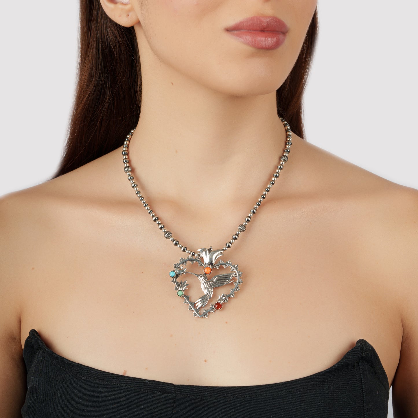 Sterling Silver Multi-Gemstone Fritz Casuse Heart Hummingbird Pendant Enhancer