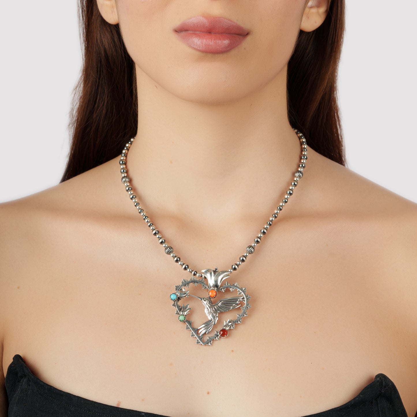 Sterling Silver Multi-Gemstone Fritz Casuse Heart Hummingbird Pendant Enhancer