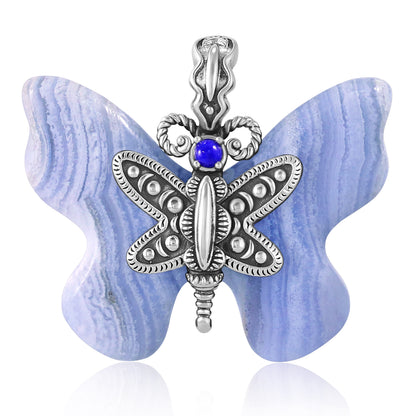 Sterling Silver Blue Lace Agate and Lapis Butterfly Pendant Enhancer