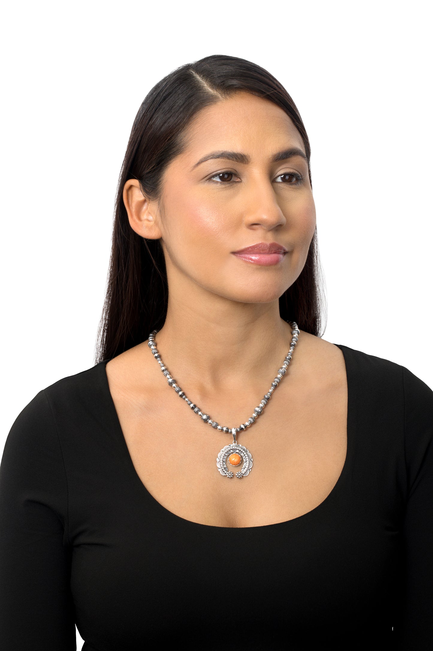 Sterling Silver Orange Spiny Oyster Round Cut Naja Pendant Enhancer