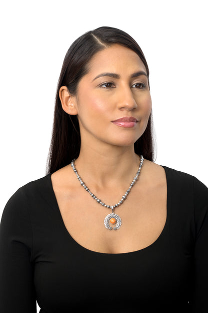 Sterling Silver Orange Spiny Oyster Round Cut Naja Pendant Enhancer