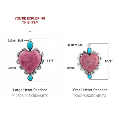 EXCLUSIVELY OURS! Sterling Silver Rhodonite and Sleeping Beauty Turquoise Large Heart Design Pendant Enhancer