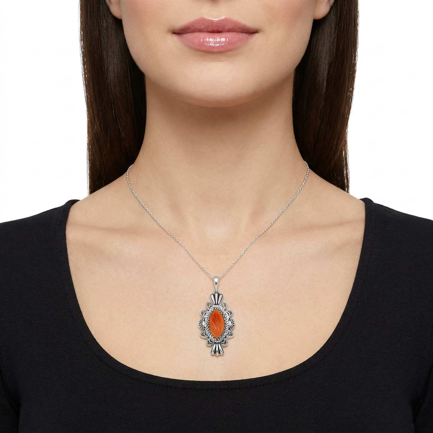EXCLUSIVELY OURS! Sterling Silver Orange Spiny Oyster Marquise Cut Gemstone Pendant Enhancer