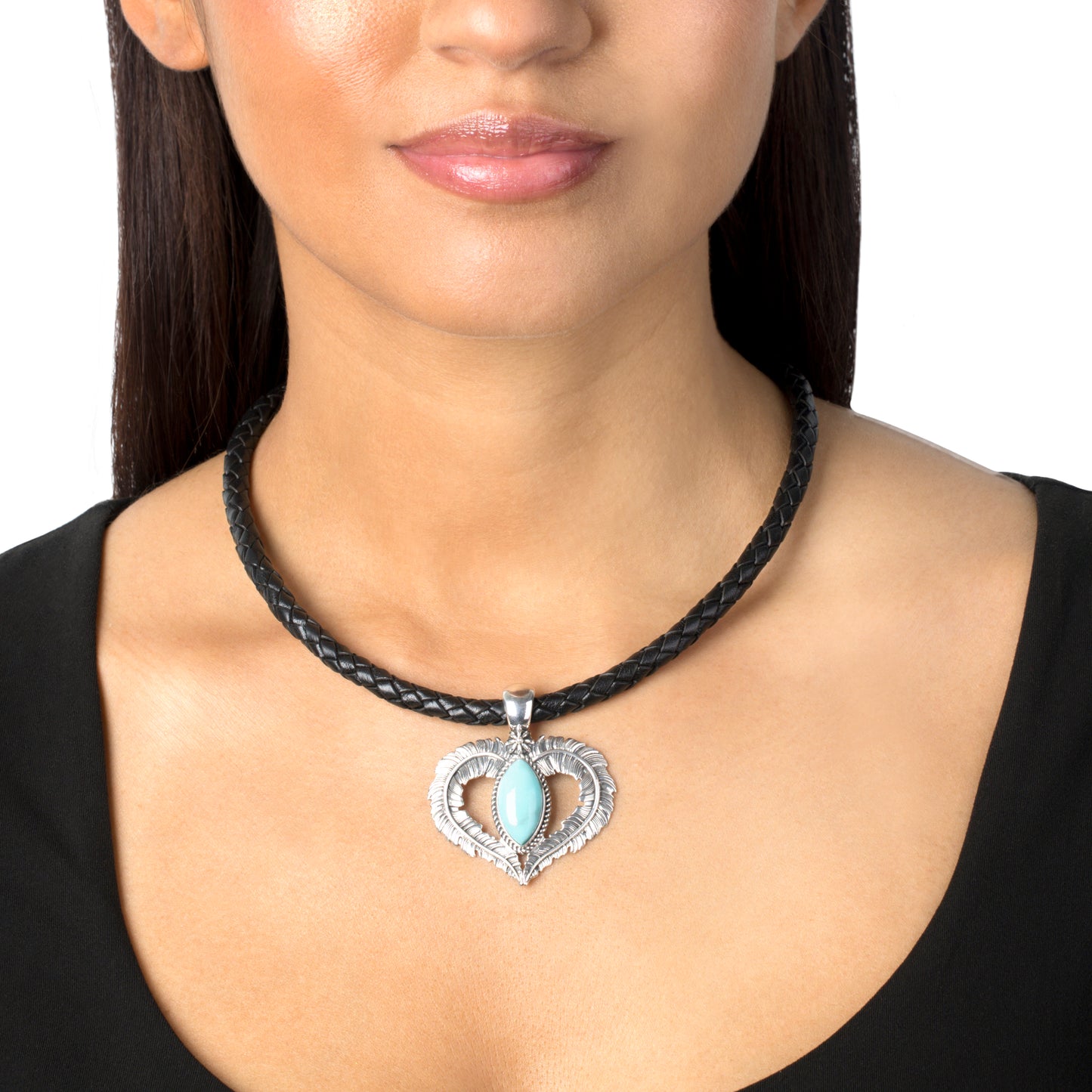 Sterling Silver Kingman Turquoise Feather Heart Pendant Enhancer