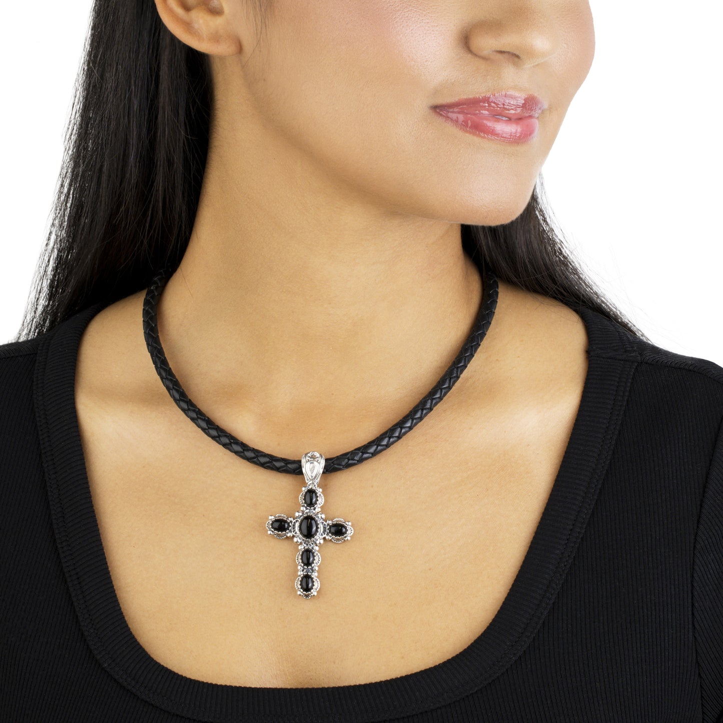 EXCLUSIVELY OURS! Sterling Silver with Black Agate Gemstone Cross Design Women's Pendant Enhancer