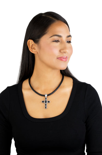 EXCLUSIVELY OURS! Sterling Silver with Black Agate Gemstone Cross Design Women's Pendant Enhancer