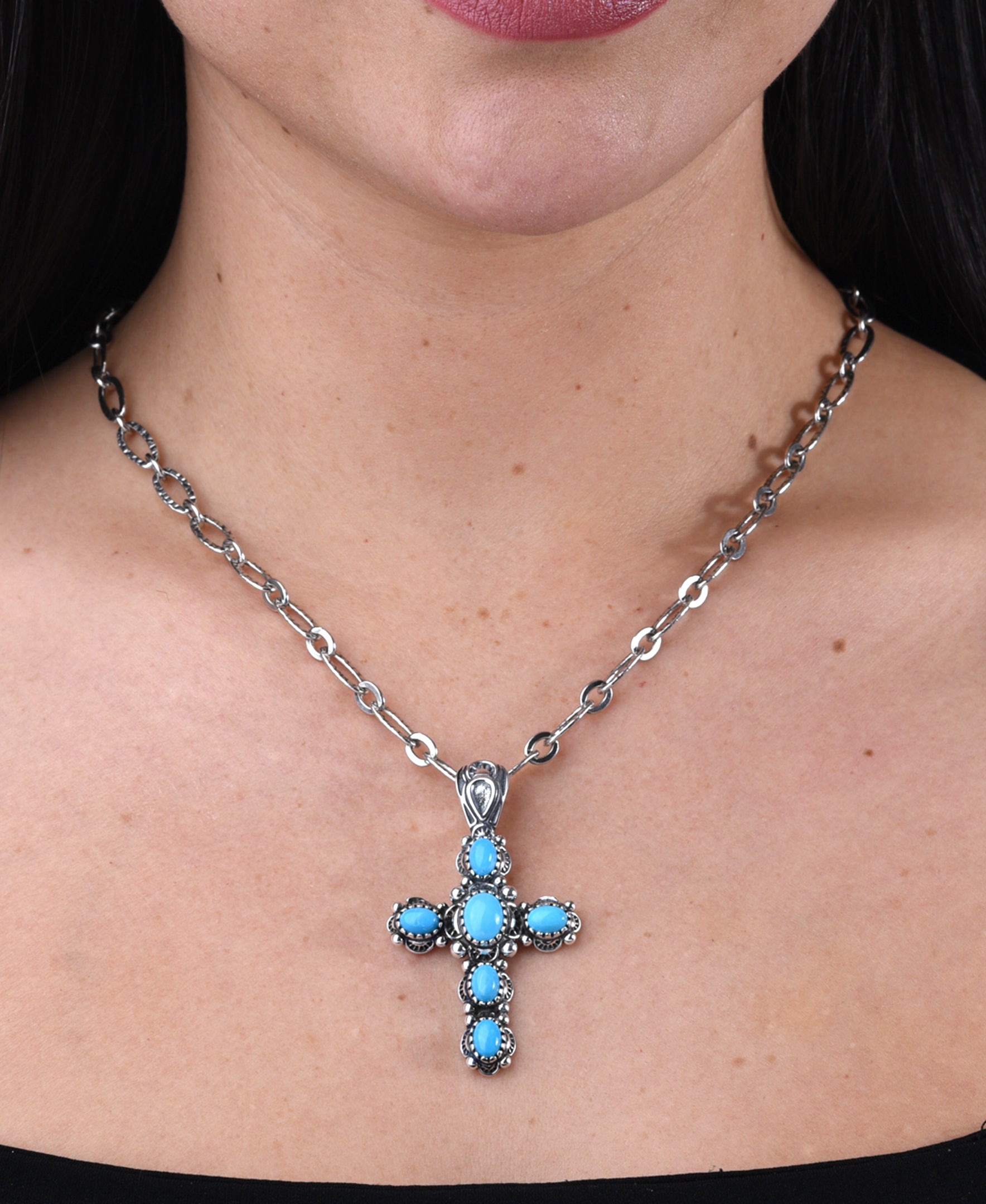 Sleeping Beauty Turquoise Cross Necklace Approx 2-3 CTW Platinum Over outlets 925