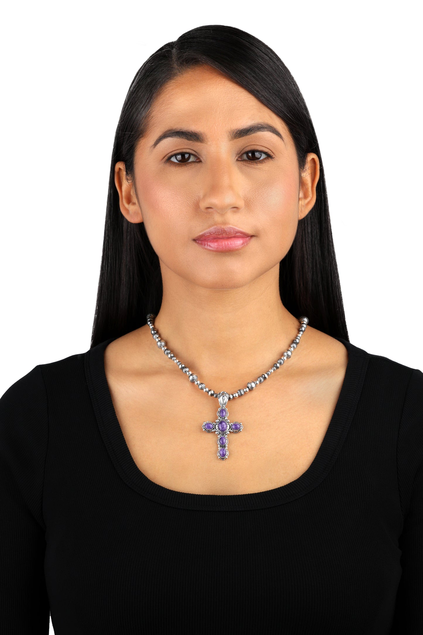 EXCLUSIVELY OURS! Sterling Silver Charoite Cross Design Pendant Enhancer