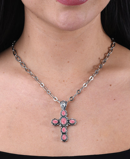 Sterling Silver Rhodonite Cross Design Pendant Enhancer