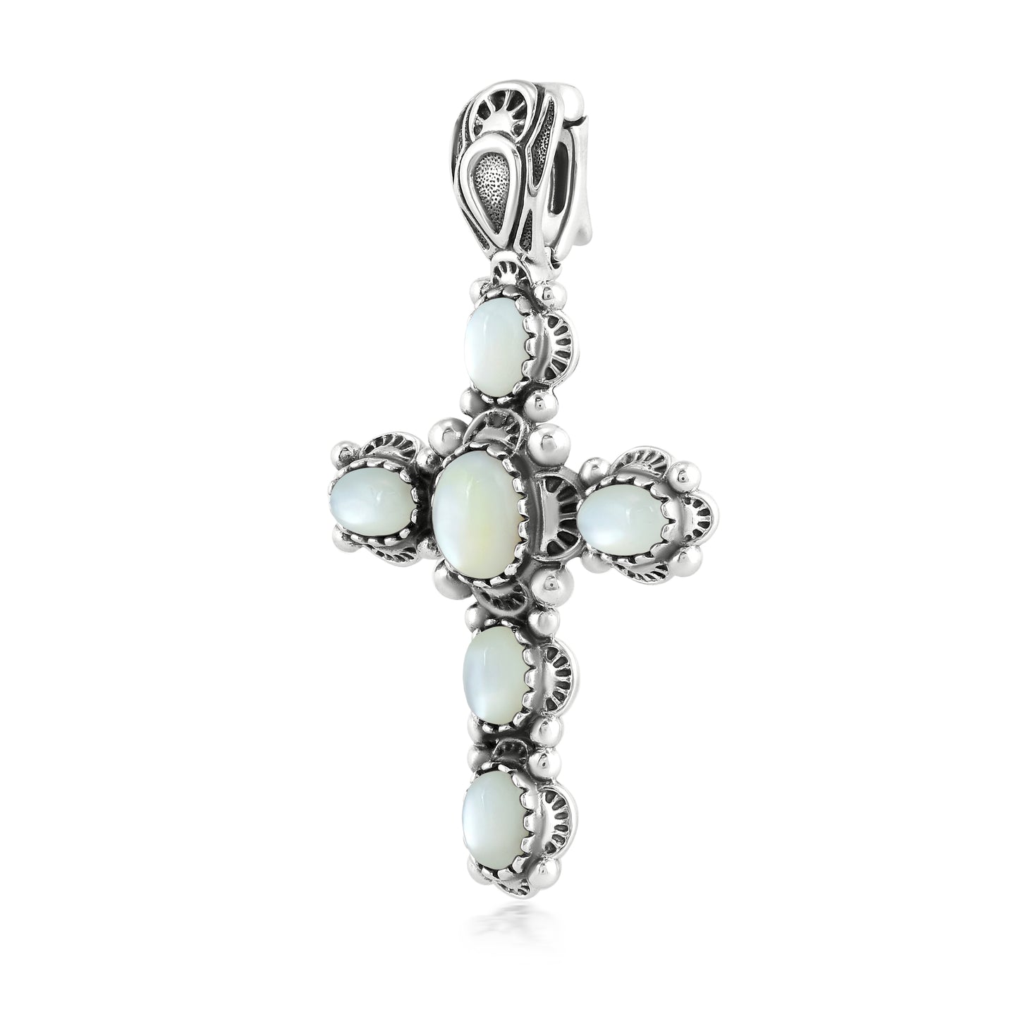 Sterling Silver with White Mother of Pearl Gemstone Cross Design Women's Pendant Enhancer
