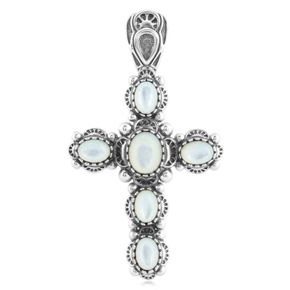Sterling Silver with White Mother of Pearl Gemstone Cross Design Women's Pendant Enhancer