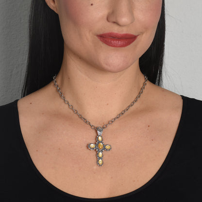 Sterling Silver Yellow Mother of Pearl Gemstone Cross Pendant Enhancer