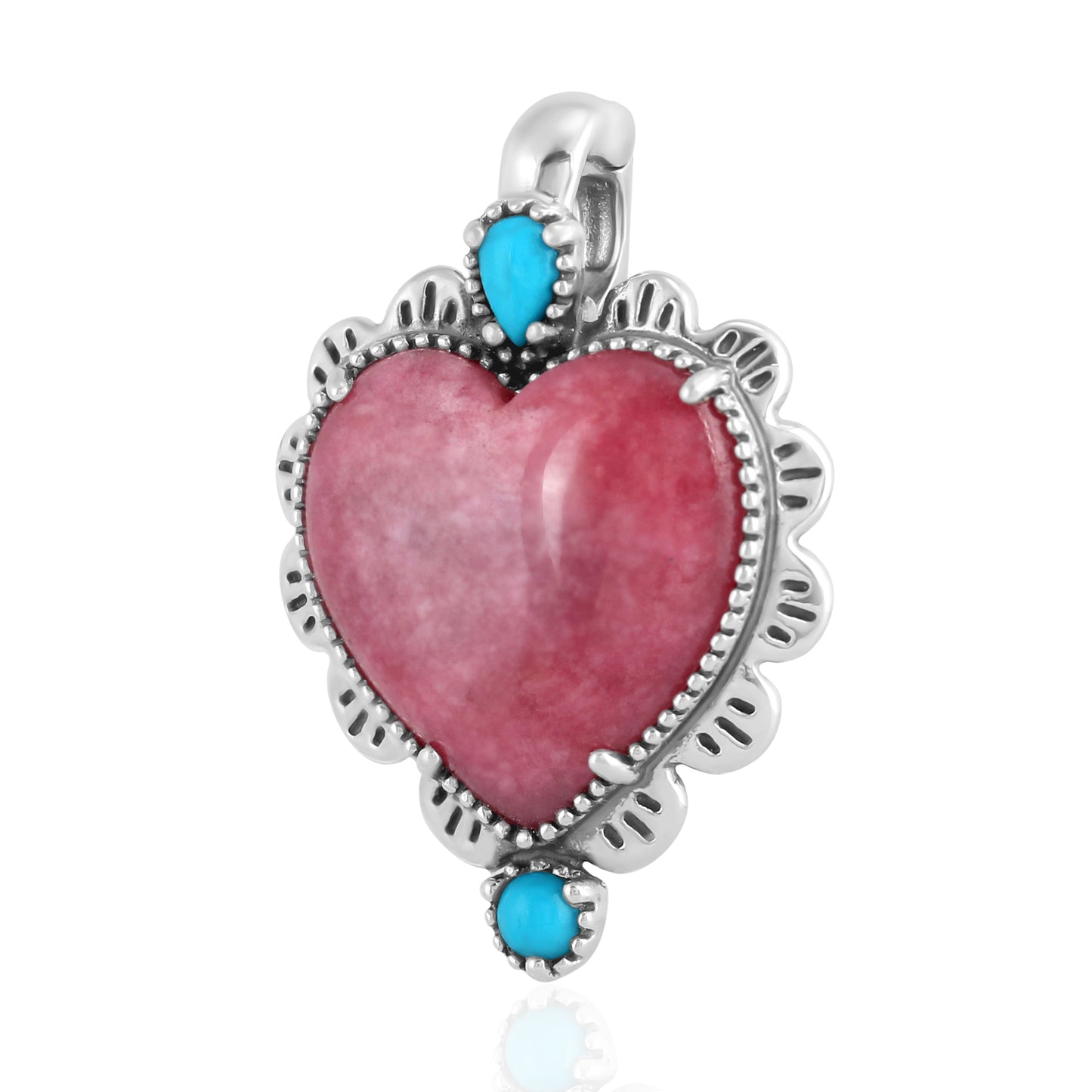 Sterling Silver Rhodonite and Blue Turquoise Gemstone Concha Heart Design Pendant Enhancer