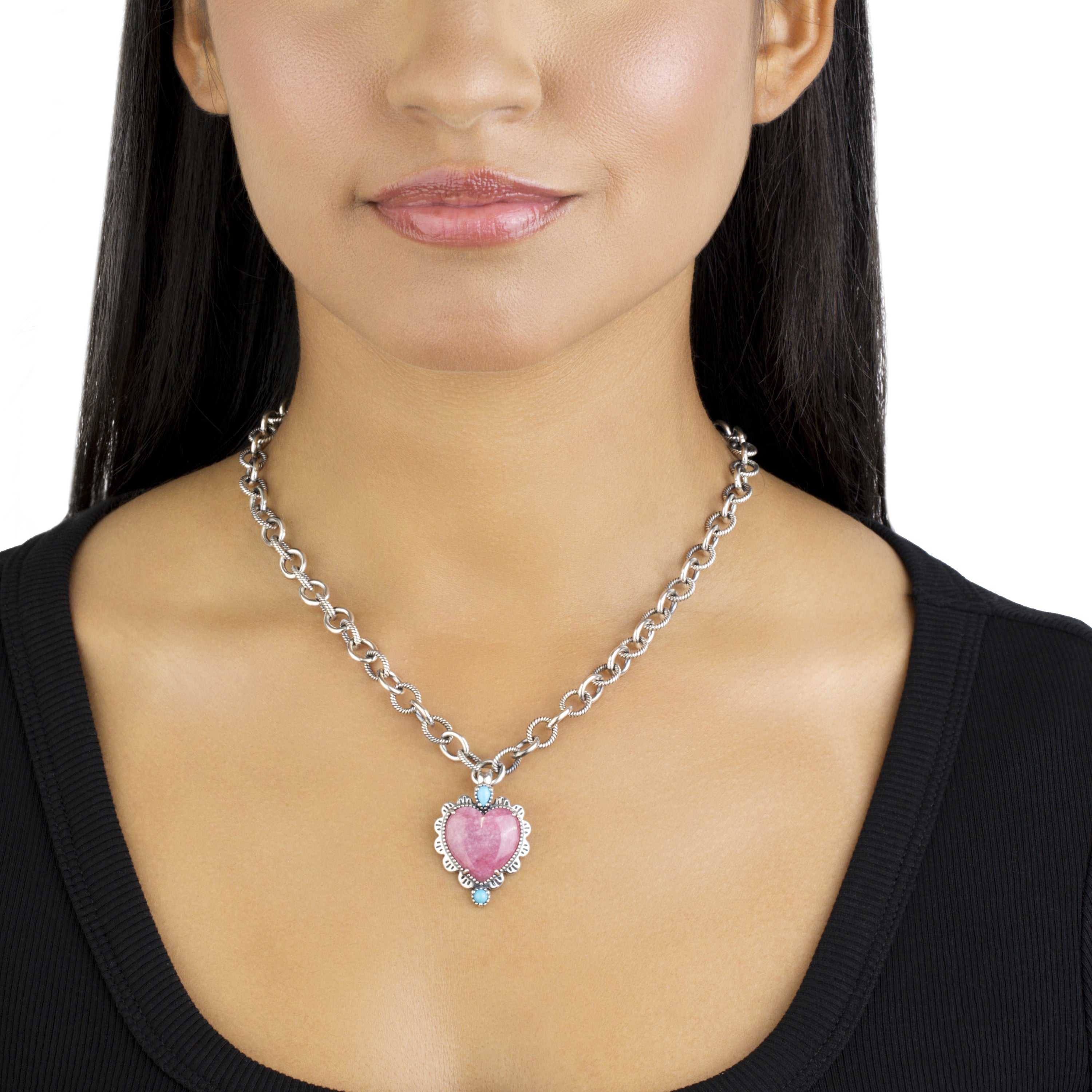 Sterling silver pink large rhodonite heart pendant online necklace