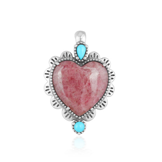 Southwestern Sterling Silver Rhodonite and Blue Turquoise Gemstone Concha Heart Design Pendant Enhancer