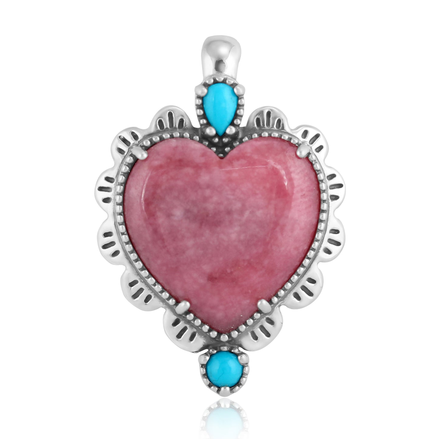 Sterling Silver Rhodonite and Blue Turquoise Gemstone Concha Heart Design Pendant Enhancer