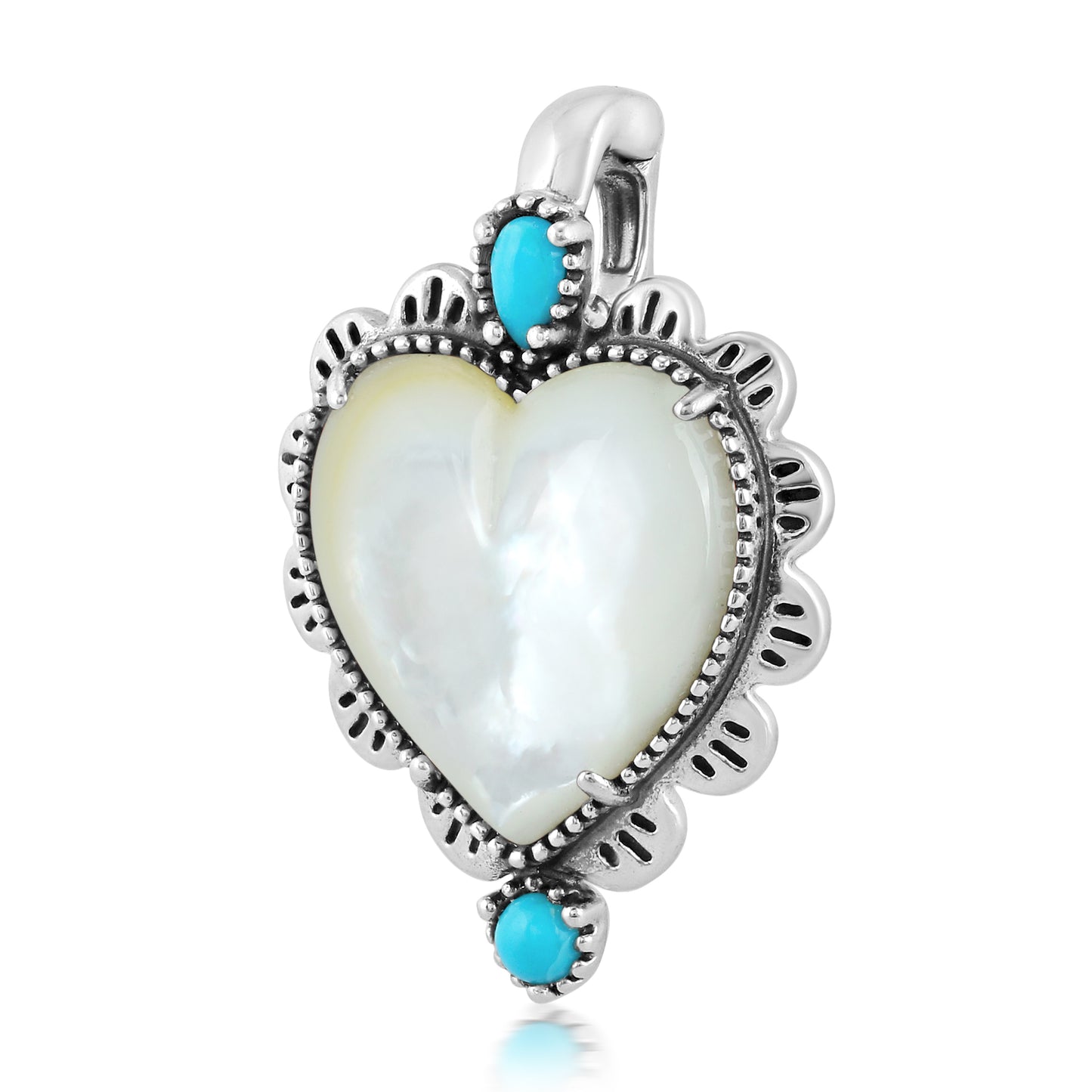 Sterling Silver with White Mother of Pearl and Blue Turquoise Gemstone Concha Heart Design Women's Pendant Enhancer