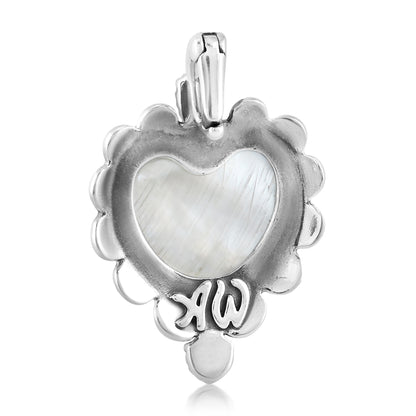 Sterling Silver with White Mother of Pearl and Blue Turquoise Gemstone Concha Heart Design Women's Pendant Enhancer