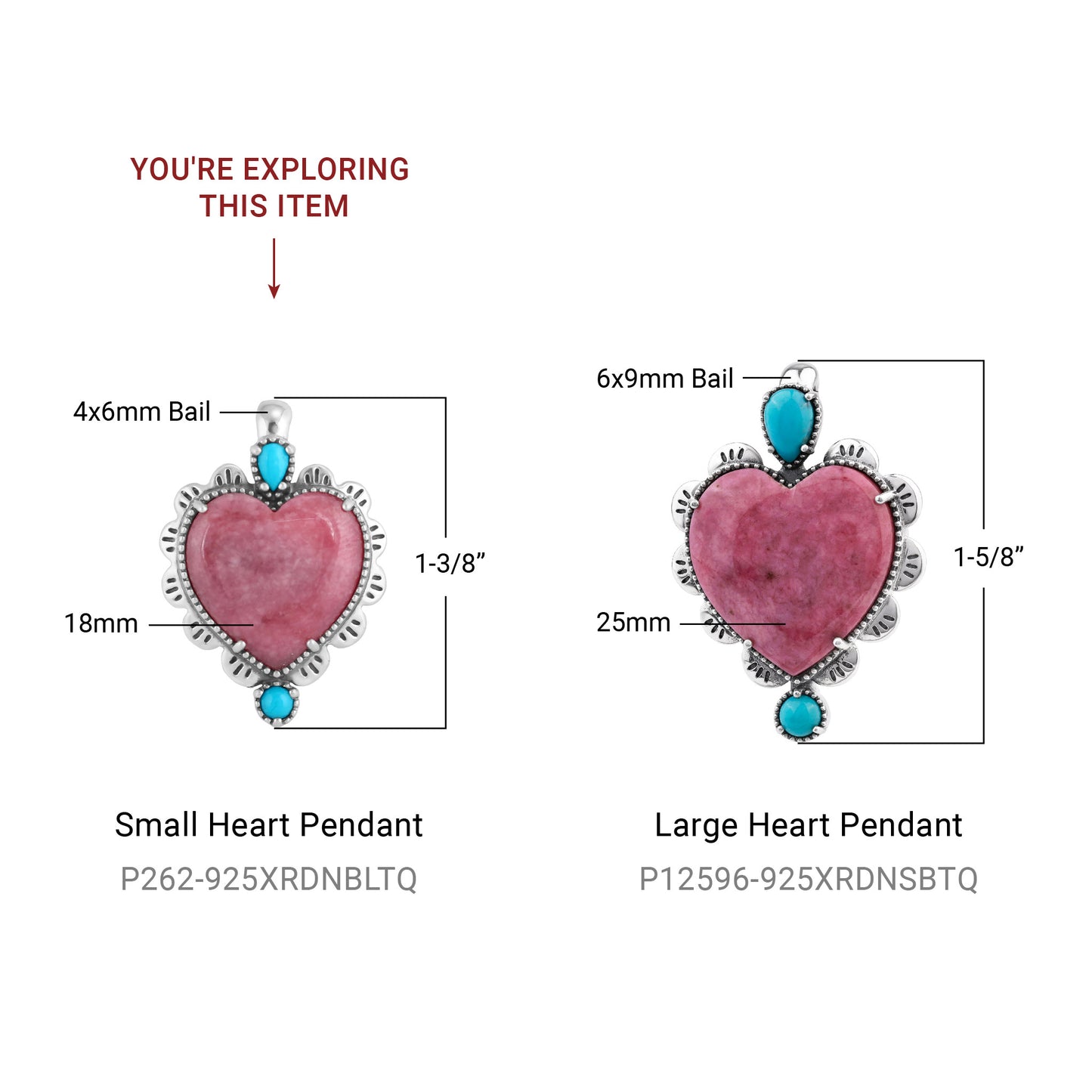 Sterling Silver Rhodonite and Sleeping Beauty Turquoise Heart Design Pendant Enhancer