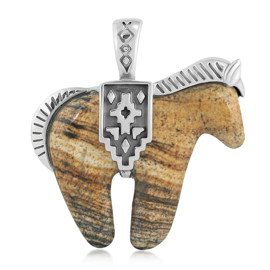 Sterling Silver Picture Jasper Spirit Horse Pendant Enhancer