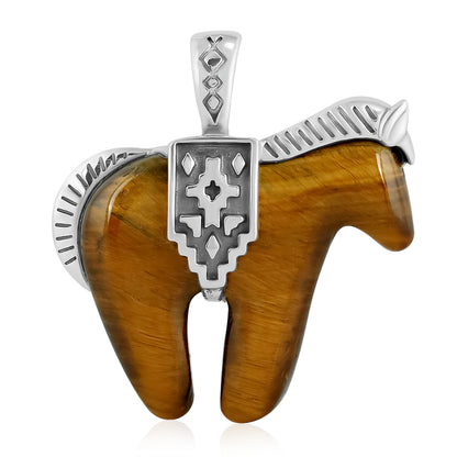 Sterling Silver Tiger's Eye Gemstone Large Spirit Horse Pendant Enhancer