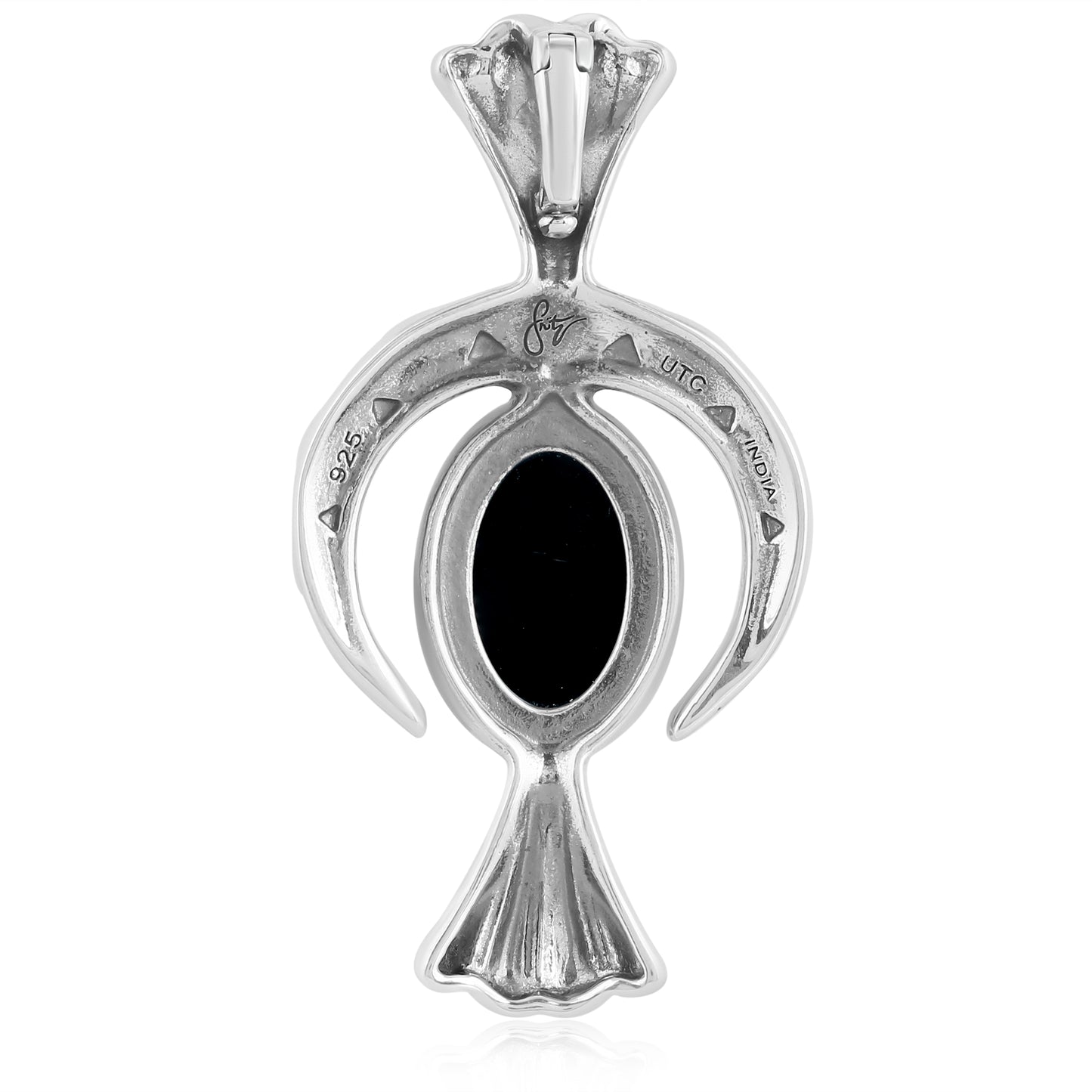 EXCLUSIVELY OURS! Sterling Silver Black Agate Gemstone Fritz Casuse Squash Blossom and Naja Crescent Moon Women's Pendant Enhancer