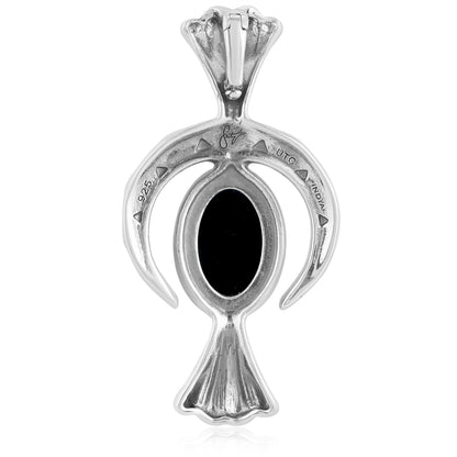 EXCLUSIVELY OURS! Sterling Silver Black Agate Gemstone Fritz Casuse Squash Blossom and Naja Crescent Moon Women's Pendant Enhancer