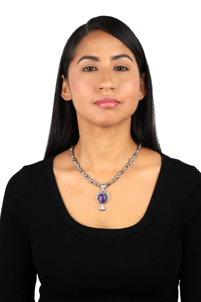 EXCLUSIVELY OURS! Sterling Silver Charoite Fritz Casuse Squash Blossom Naja Crescent Moon Pendant Enhancer