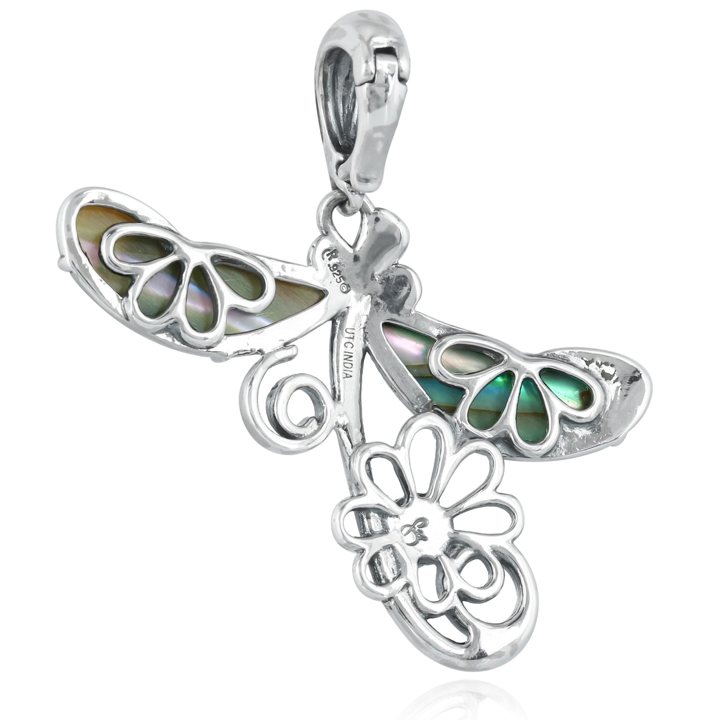 Sterling Silver Abalone Shell and Green Variscite Fritz Casuse Dragonfly Pendant Enhancer
