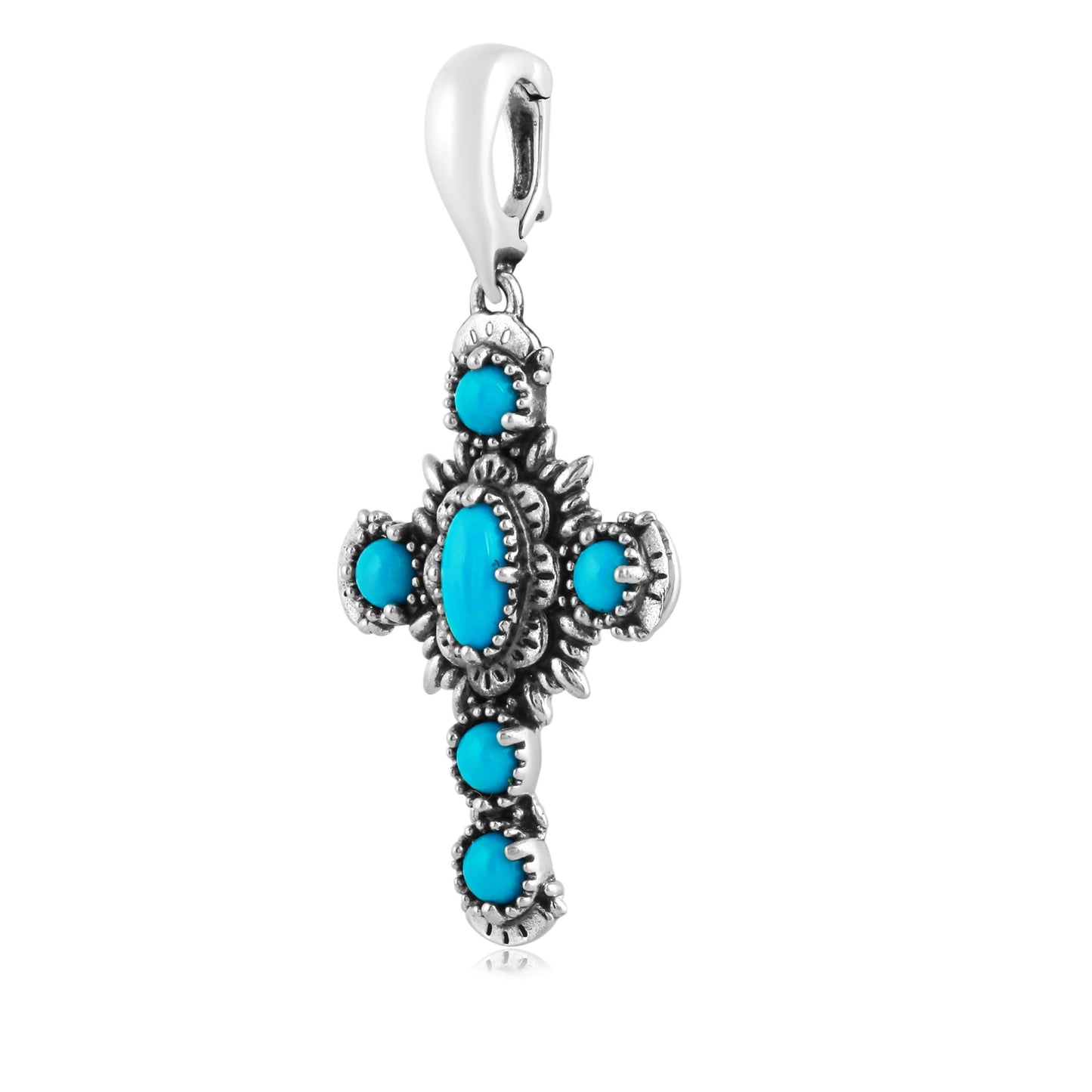 Sterling Silver Sleeping Beauty Blue Turquoise Gemstone Cross Pendant Enhancer