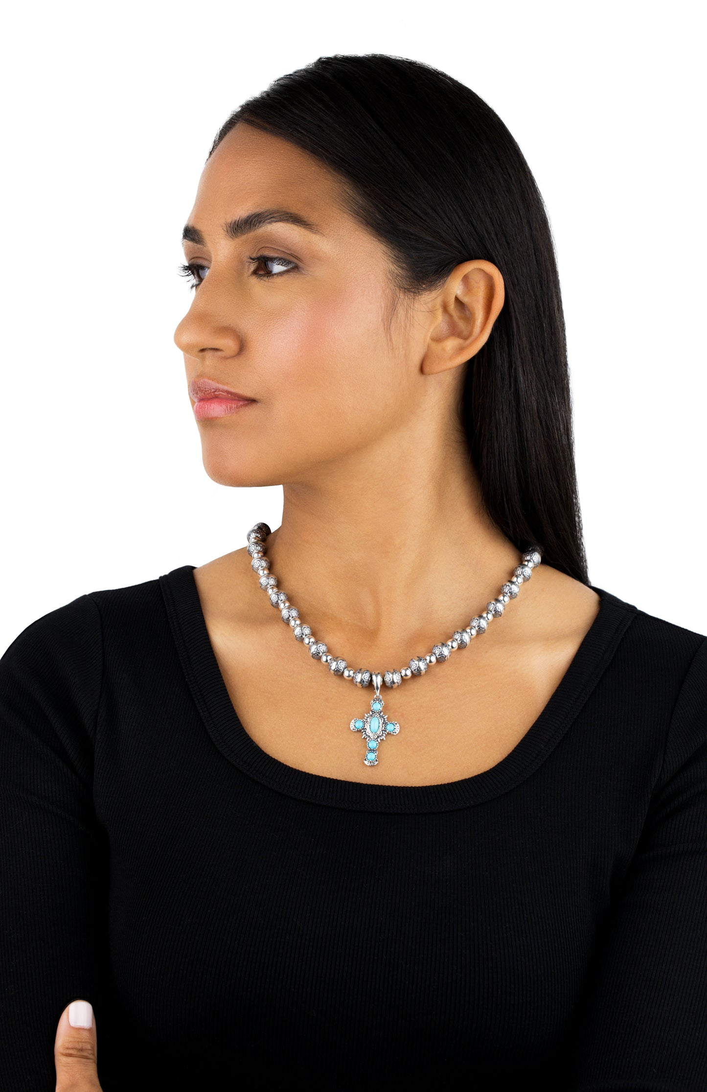 Sterling Silver Sleeping Beauty Blue Turquoise Gemstone Cross Pendant Enhancer